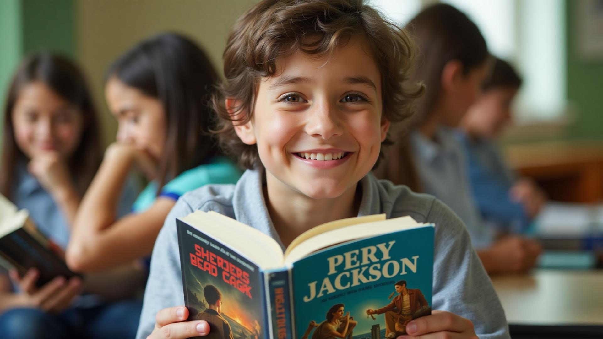 A child reading a Percy Jackson book
